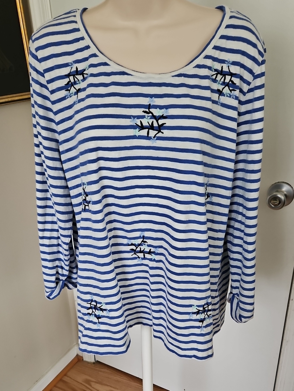 Talbots Striped, Floral Embroidered Top Size XL